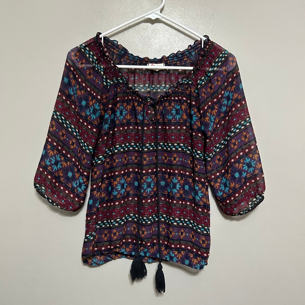 Olsenboye Blouse S Multicolor Sheer Boho Tassel Chiffon Southwestern Peasant